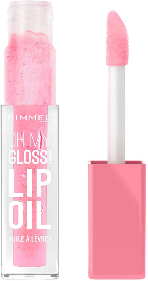 Pink lip gloss with a white applicator stick in a clear tube. The tube has pink liquid inside.