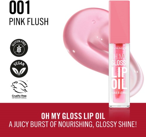 Lip oil in pink shade, features gluten-free, vegan, cruelty-free icons, with glossy texture and red label.