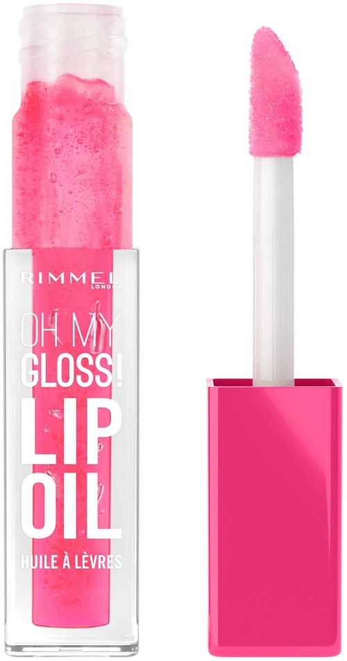 Pink lip gloss container with a wand, showing glossy texture inside and a pink cap.