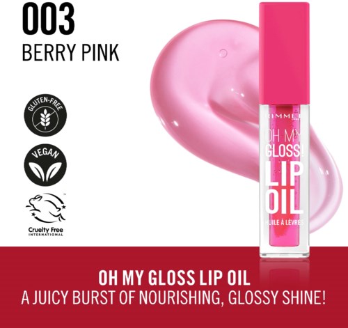 Lip gloss with a pink cap and berry pink color, described as nourishing and glossy, with labels for vegan and gluten-free.