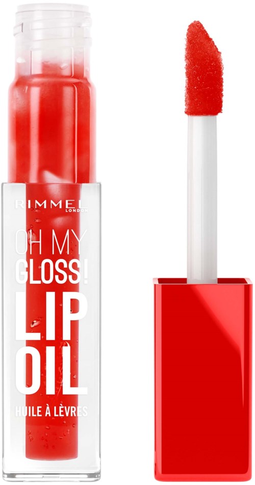 Lip gloss with an applicator, red color, in a clear tube, label on front, with a slanted tip.