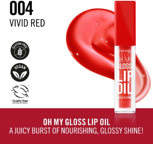 Lip gloss bottle with red packaging and a swatch of red gloss behind it. Contains vegan, gluten-free, cruelty-free labels.