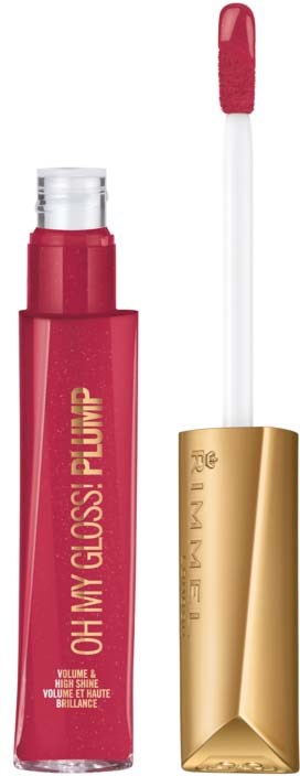 Läppglans i ett rosa rör med guldkapsel och applikatorborste. Etiketten säger "OH MY GLOSS!".