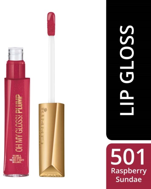En läppglansrör och applikator. Glanset är rosa, och röret har guld och rosa färger. Läppglanset heter "501 Raspberry Sundae."