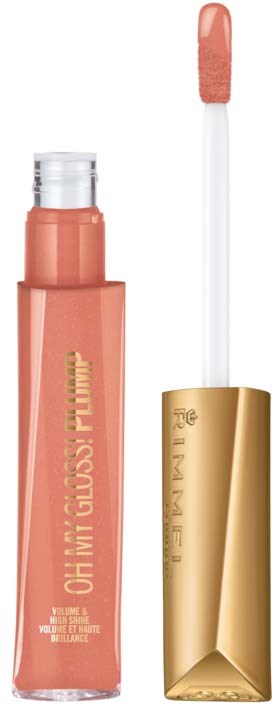 En läppglanstub med en guldig hatt och en applikator. Tuben är rosa-orange i färgen.