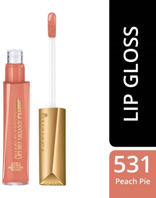 Läppglans i en genomskinlig flaska med en persikofärgad nyans, guldkappe och svart och persikofärgad etikett. Texten säger "Lip Gloss" och "531 Peach Pie."