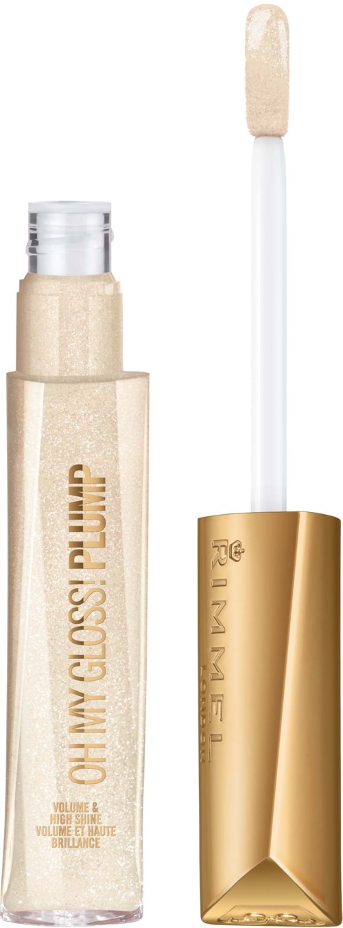 En läppglansflaska med svart guldhölje och en applikator bredvid. Etiketten säger 'OH MY GLOSS PUMP.'