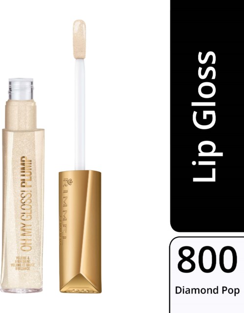 Läppglans i genomskinlig flaska med guldlocket, i etiketten står 'Lip Gloss Plump', som heter 'Diamond Pop 800'.