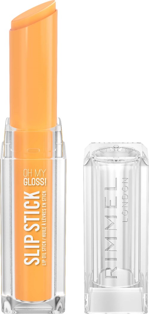 Leppepomade i oransje emballasje med gjennomsiktig lokk, merket Oh My Gloss, Slip Lipstick. Leppepomaden er synlig inni.