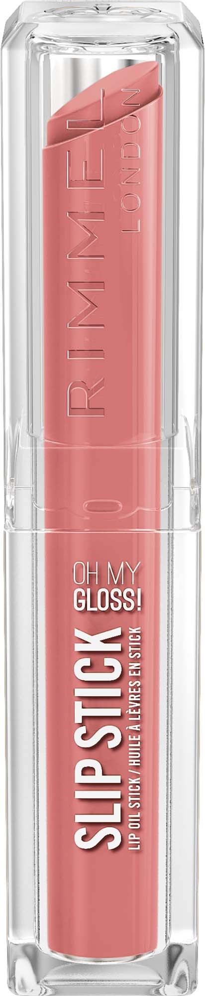 En rosa leppeglossstift i gjennomsiktig emballasje med teksten Slip Stick og Oh My Gloss.