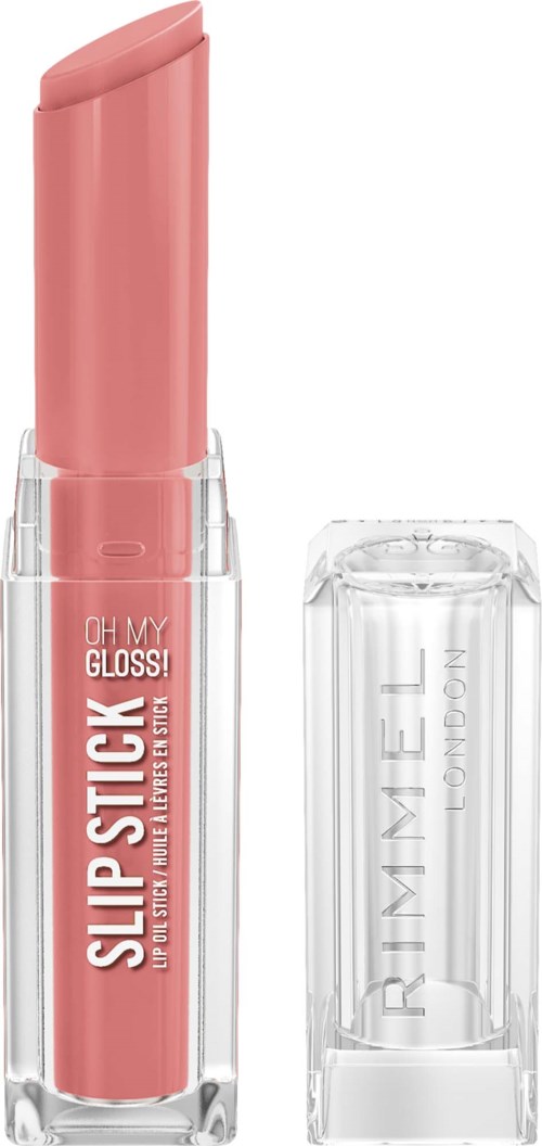 En rosa leppepomade i et gjennomsiktig rør med gjennomsiktig hette, merket 'SLIP LIP STICK'.