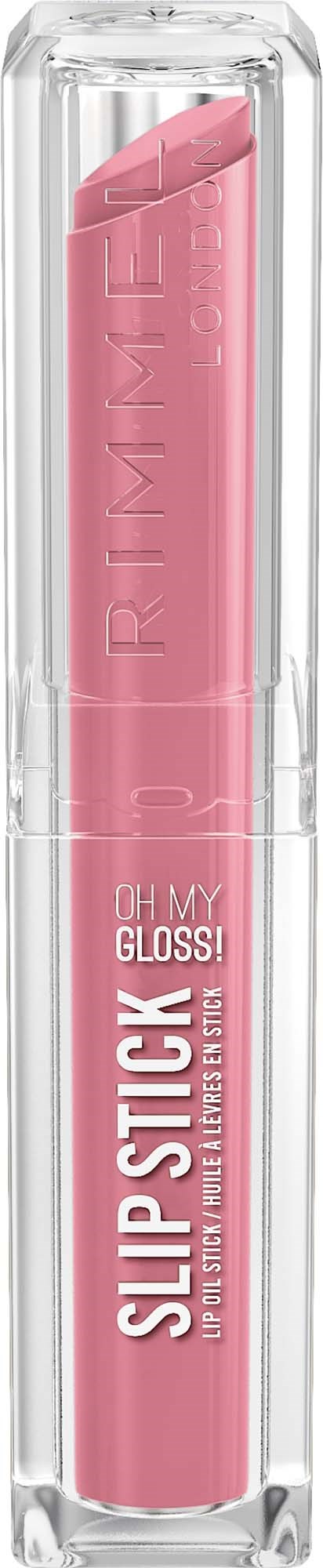 Lyse rosa leppeglans i klar beholder med Rimmel-merke.