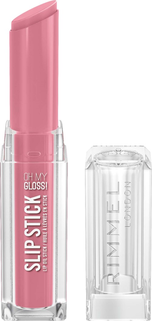 Rosa leppepomade i gjennomsiktig tube med rosa og hvit emballasje, merket Slip Lipstick og Oh My Gloss.