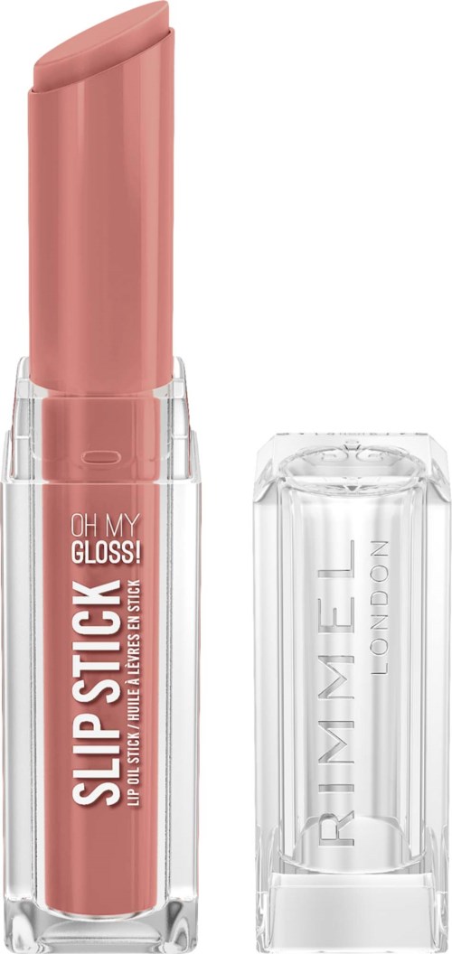 En beige leppepomade i et gjennomsiktig rør med gjennomsiktig hette, med etiketten 'OH MY GLOSS! SLIP STICK'.