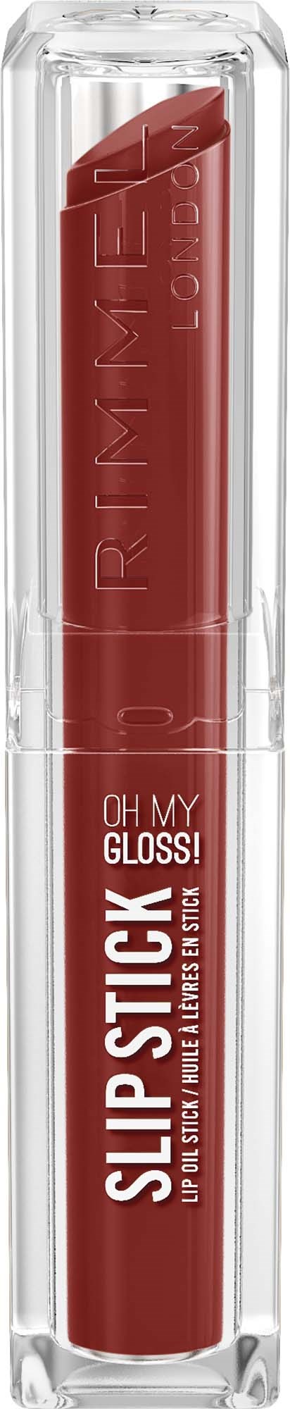 Rødt leppestift i klar tube med Rimmel London-merke og Slip Stick Oh My Gloss etikett.
