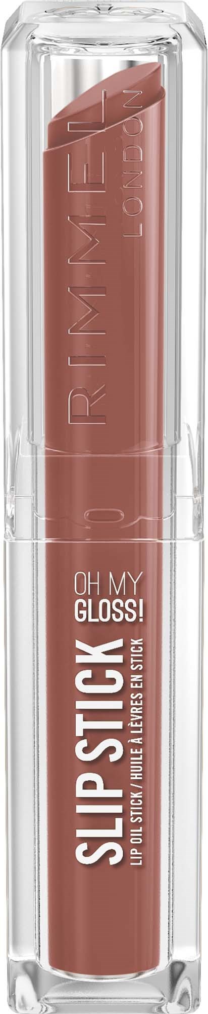 Rimmel Oh My Gloss leppeglans i et klart rør med rosa leppepomade inni og merke på emballasjen.