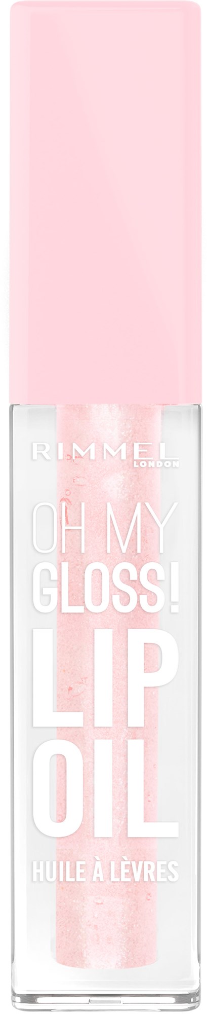 Pink and clear lip gloss container with white text that says "OH MY GLOSS! LIP OIL."