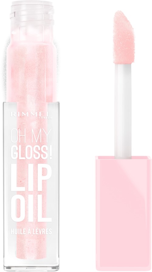 Pink lip gloss in a clear tube with a white and pink applicator.