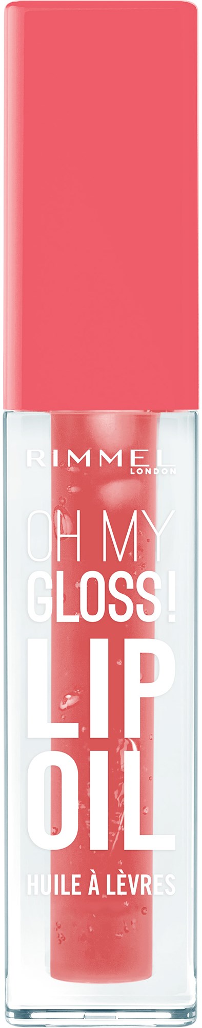 A lip oil in a clear tube with pink cap and white and pink text on the tube.