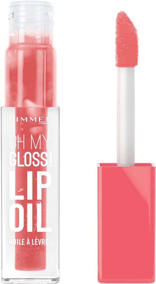 Lip gloss with a pink tint and a sponge applicator in a clear tube.
