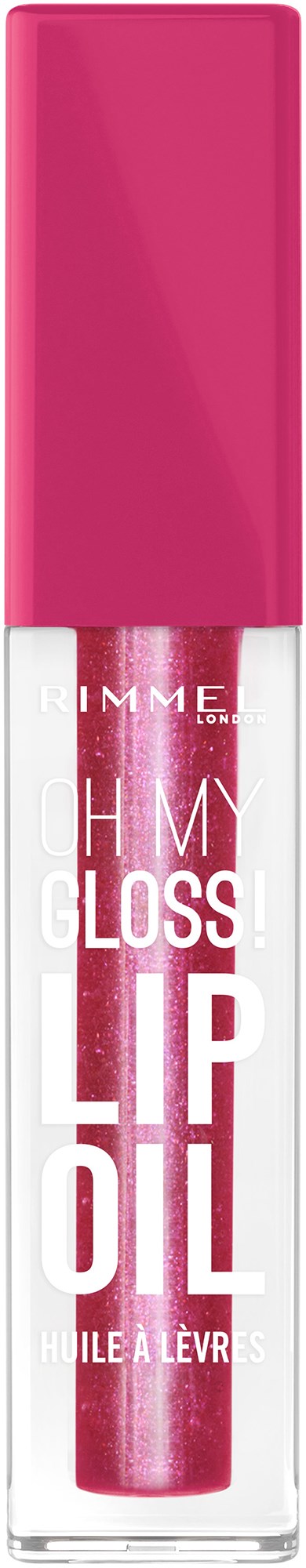 A lip gloss tube with a pink cap and clear body showing pink gloss inside.