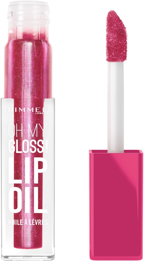 Pink lip gloss with a wand applicator in a clear tube.