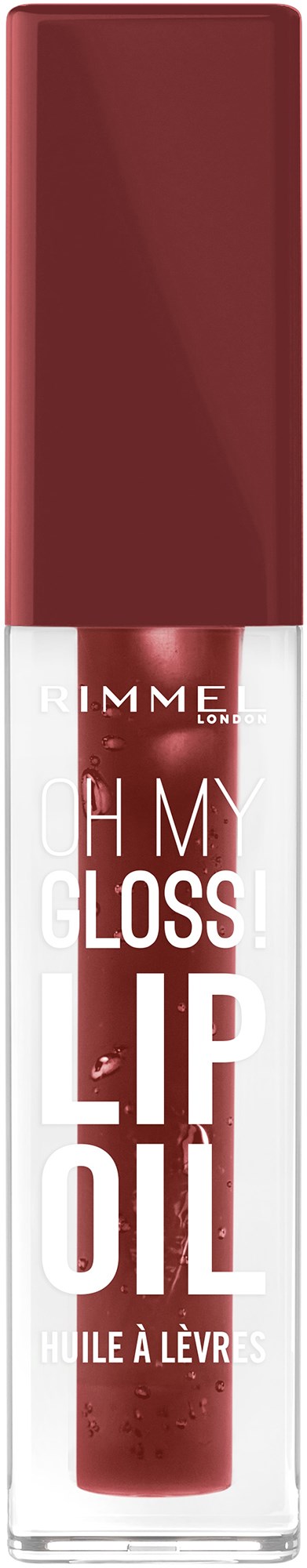 A lip oil in a clear tube with a red cap, labeled with brand and product name, against a black background.