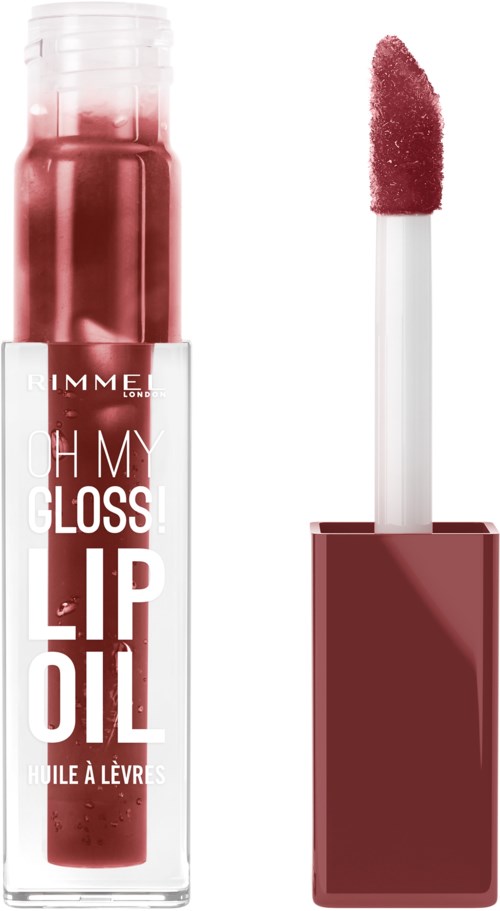 Lip gloss container with an applicator showing pinkish gloss. The product is labeled 'Oh My Gloss' by Rimmel.