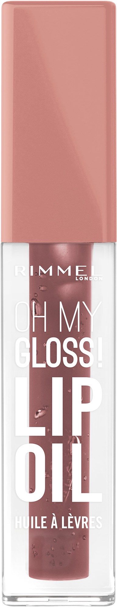 A lip gloss tube with a pink cap and clear body showing pink gloss inside.