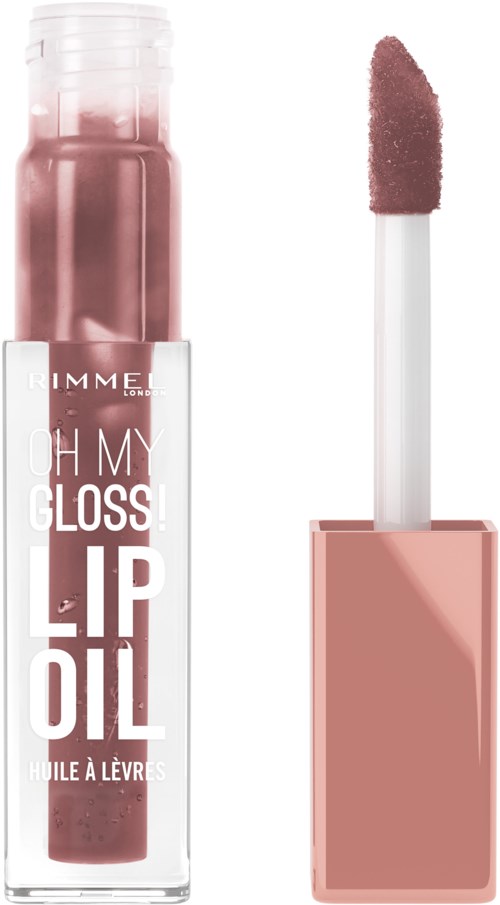 A lip oil bottle and applicator with pink-colored lip gloss.
