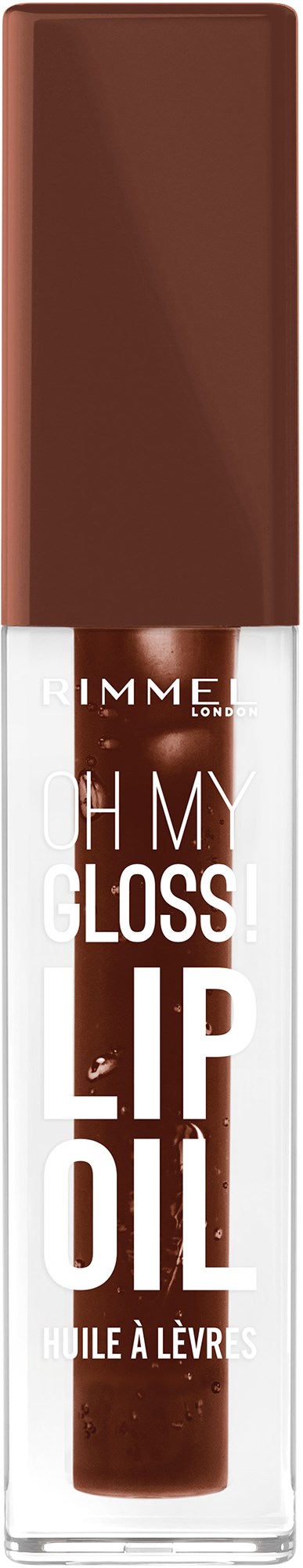 A lip gloss tube with brown cap and clear body displaying white and brown text. The brand name is partially visible.