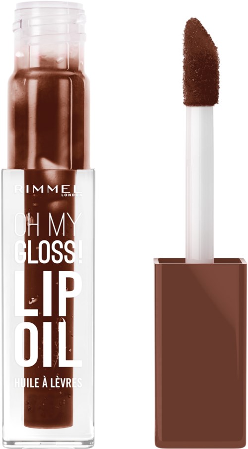 A lip gloss tube with a brown shade and a matching brown cap, with a wand applicator.