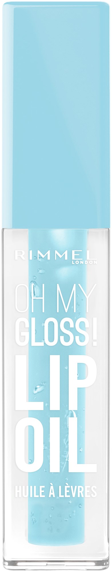 A small, clear tube of light blue lip gloss with a matching cap, labeled "GLOSS LIP OIL."
