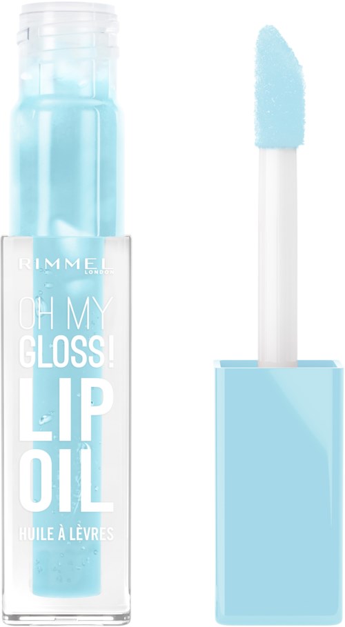 Lip gloss container with a wand and blue gloss, labeled 'Oh My Gloss! Lip Oil.'