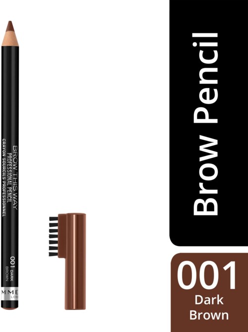 En mørk brun øyenbrynspenn med børste på den ene enden og en etikett som sier 'Brow Pencil 001 Dark Brown'.