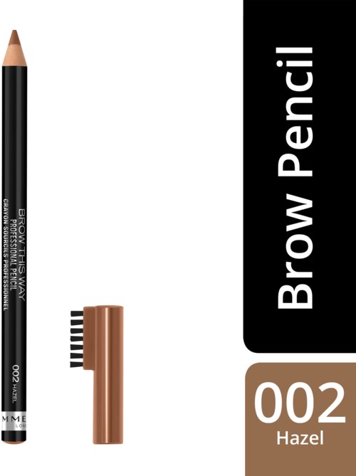 A brow pencil in black with a light brown cap, labeled 'Brow Pencil' and '002 Hazel'.