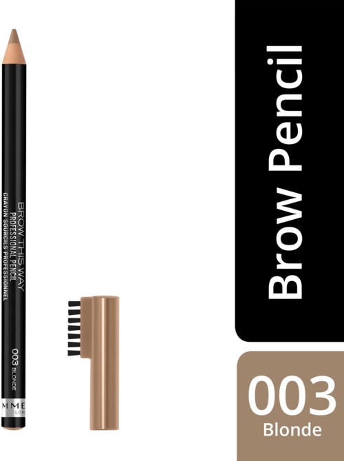 A black eyebrow pencil with a beige tip, a small comb, and a beige box labeled "003 Blonde."