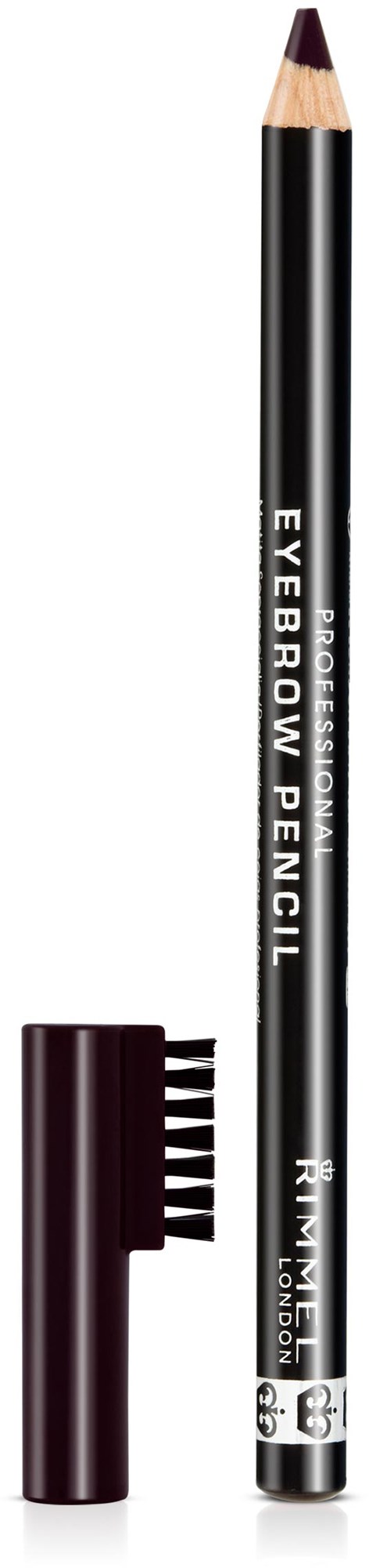 Een zwarte wenkbrauwpotlood met dop en borstel, gemarkeerd "Eyebrow Pencil" in wit.