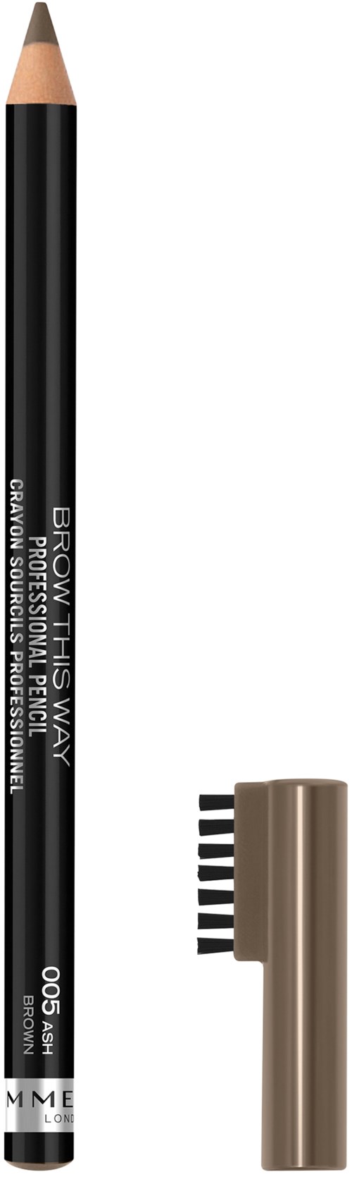 A black eyebrow pencil with a beige cap and attached brush. Text on pencil includes brand and product details.