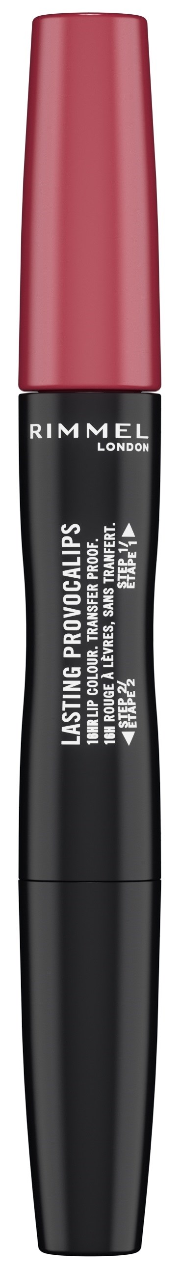 A black tube with a pink cap, labeled Rimmel London, is a lip gloss or lipstick.