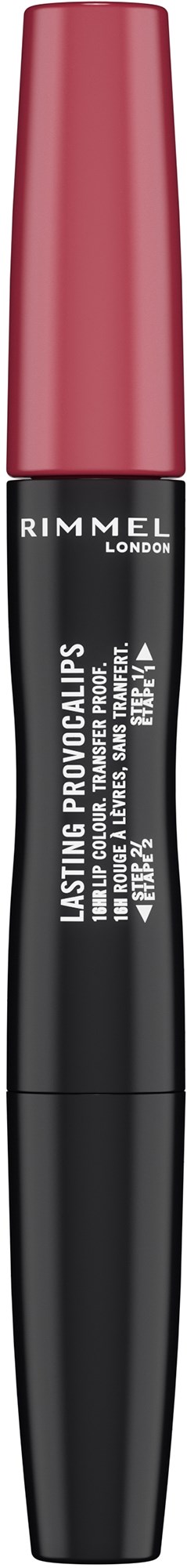 A black and pink tube of Rimmel Lasting Provocalips lip color with a slanted pink cap.