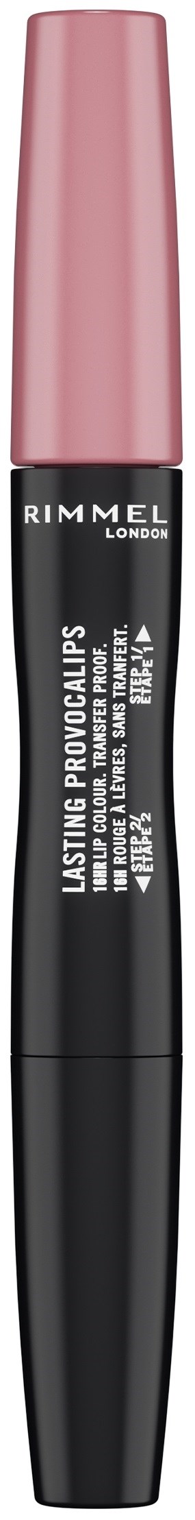 Rimmel London lip product with pink cap and black body, includes white text, last and fine point brush.