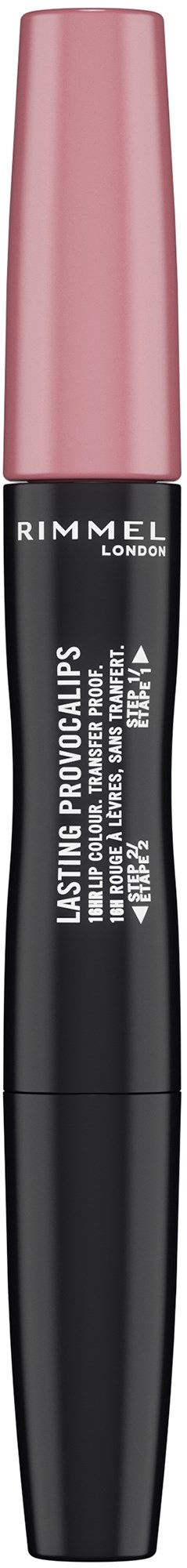 A black and pink tube of Rimmel London Lasting Provocalips lip color. The tube has text and a pink cap.