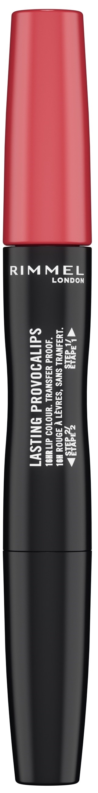 A black and pink tube of Rimmel Lasting Provocalips liquid lipstick with a cap.