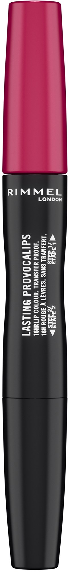 A black and pink tube of Rimmel Lasting Provocalips lip color. It has a pink cap and black body with white text.