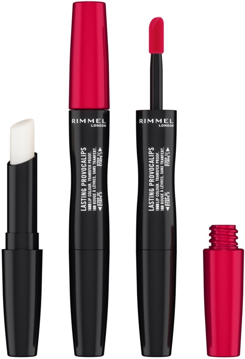 A set of lip products including a white lip balm, a pink lipstick, a liquid lipstick, and a pink tube.
