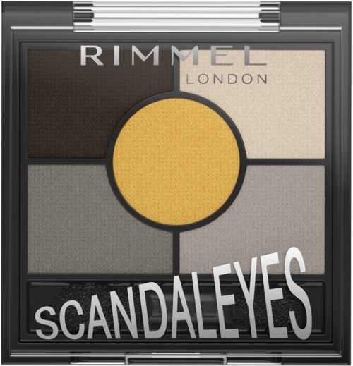A makeup palette with four eyeshadow colors and the words 'SCANDAL EYES' and 'RIMMEL LONDON' on top.