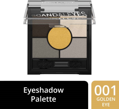 A black eyeshadow palette labeled 'Eyeshadow Palette' with four different shades and a yellow circle for the eye color.