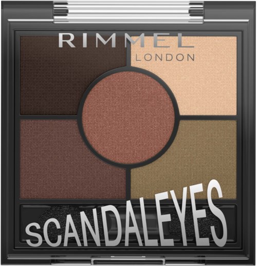 A makeup palette with four eyeshadow shades and the brand name Rimmel London, titled 'ScandalEyes'.