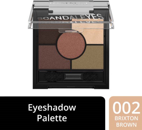 A makeup palette with four eyeshadow colors: dark brown, light brown, beige, and olive green. It has a clear lid and a small mirror.